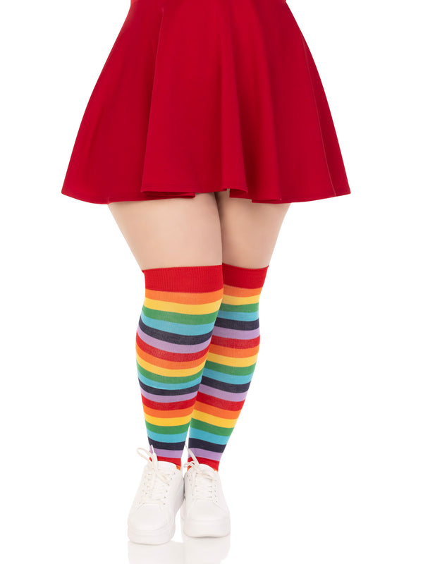 Spandex acrylic rainbow striped thigh highs.