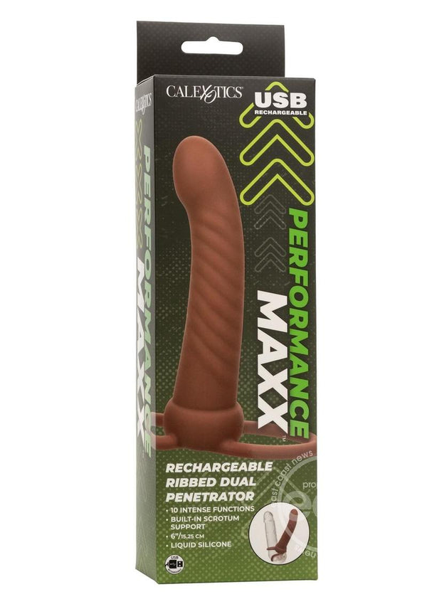 Performance Maxx Rechargeable Silicone Ribbed Dual Penetrator Extender - Chocolate