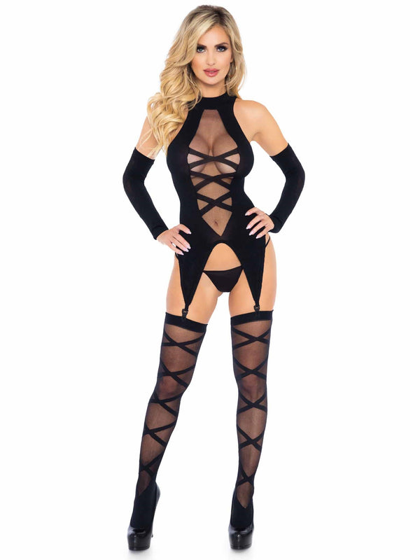 3 PC Opaque and Sheer Faux Lace-Up Cami-Garter, Stockings, and Fingerless Gloves