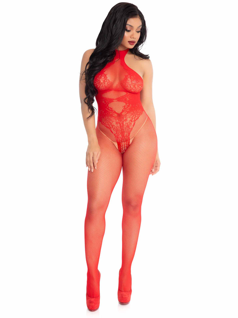 Fishnet seamless halter bodystocking w/floral lace hourglass O/S RED