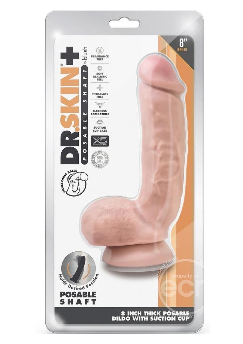 Dr. Skin Plus Thick Posable Dildo with Squeezable Balls 8in - Vanilla