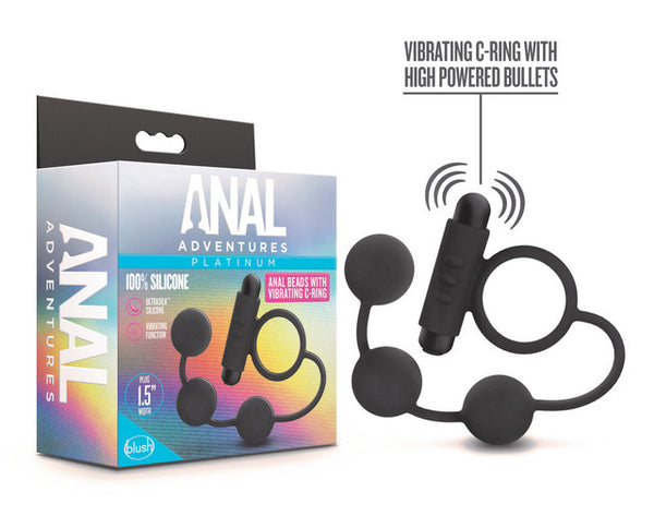 Anal Adventures Platinum - Silicone Anal Beads with Vibrating C-Ring - Black